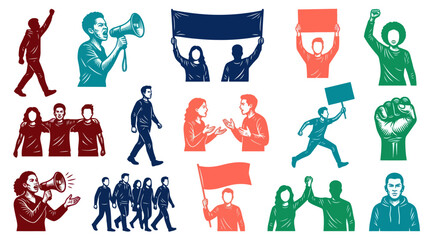 Naklejka premium Social Justice Protest and Activism Engraved Illustration Collection. People, Megaphones, Banners, Signs.