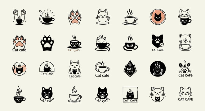Cute Cat Cafe Logos Collection: Animal Coffee Shop Branding Elements