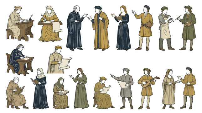 Medieval and Renaissance Figures Vector Illustrations: Scholars, Scribes, Artists, Musicians, Monks for History and Education