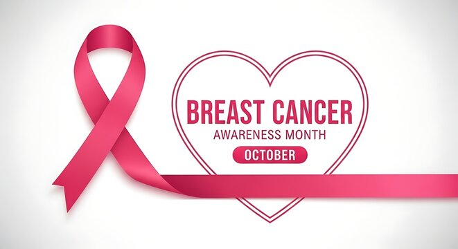 Breast cancer awareness month symbol with pink ribbon and heart on white background