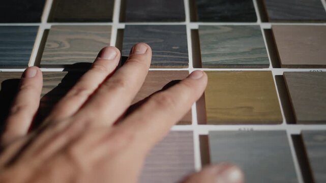 Hand choosing wood stain color sample from swatch book.