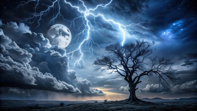 A lone tree stands silhouetted against a dramatic nightscape of a full moon, vibrant lightning strikes, and brooding clouds.