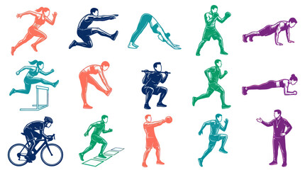 Fototapeta premium Colorful Vector Illustration Set of Sports and Fitness People Engaged in Diverse Workout Activities