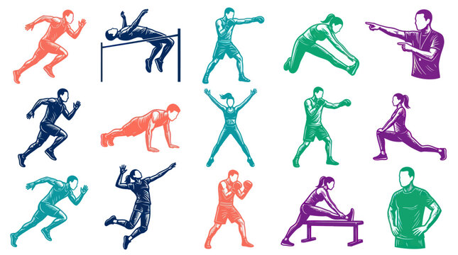 Vector Engraving Style Sports  Fitness People Set. Athletes Running, Training  Exercising.
