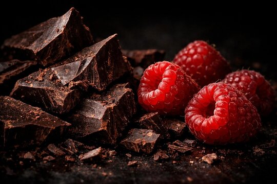 Close-up of broken dark chocolate chunks paired with fresh red raspberries on a dark, textured surface, showcasing rich textures and deep colors.
