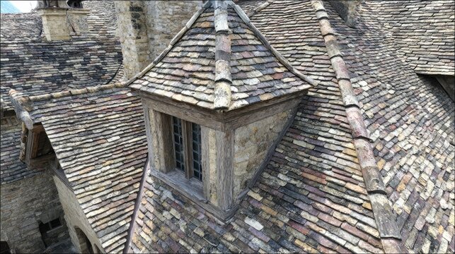 Overhead view of a tiled roof with dormer window in natural light