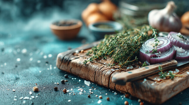 Fresh culinary herbs with red onion slices and garlic on rustic wooden cutting board, culinary