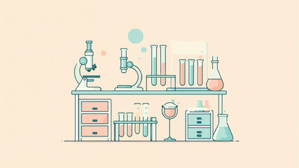 Fototapeta premium Pastel Science Laboratory Workbench with Microscope Test Tube Flask and Chemistry Equipment Flat Design Illustration