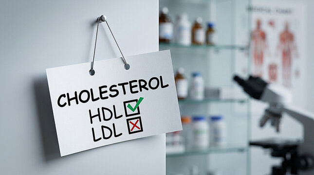 Cardiovascular health awareness paper card with cholesterol levels in medical clinic