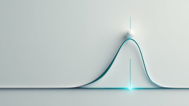Minimalist business concept with white sphere at the peak of a glowing green bell curve line normal distribution graph