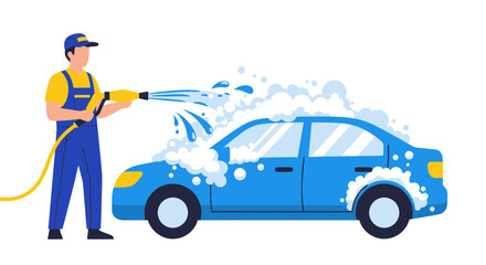Naklejka premium Man washing blue car with soap and water, auto detailing, car wash service illustration