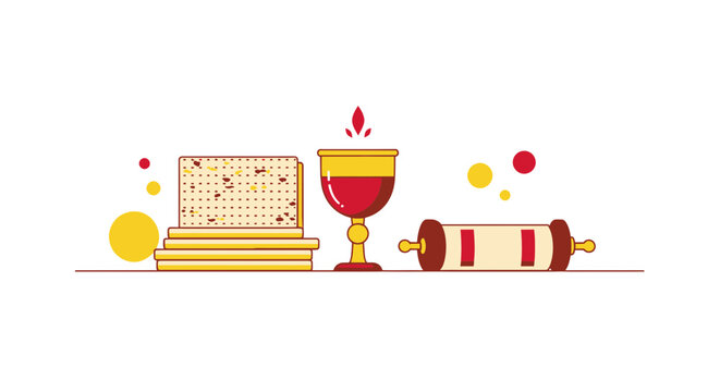 Passover Symbols: Matzah, Wine Cup, and Torah Scroll - Flat Design Illustration
