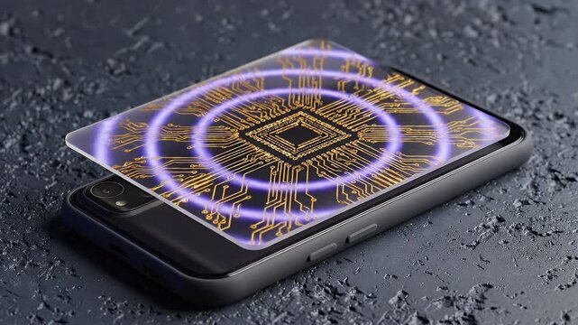 Beautiful Holographic Cryptographic Certificate Etching Golden Circuit Lines on Sleek Smartphone