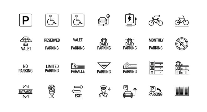 Collection of Parking Signs and Icons: Accessibility, EV, Bicycle, Valet, Reserved, No Parking