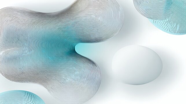 Abstract fluid organic shape with dense concentric topographical line patterns turquoise gradient and white sphere object