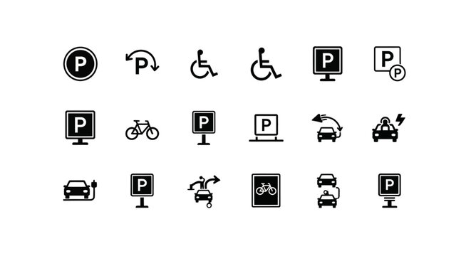 Parking Icons Set: Car, Electric Vehicle, Bicycle, Disabled, and Reserved Parking Signs