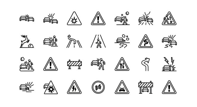 Road Accident Warning Signs Icons Set - Car Crash, Danger, Traffic Symbols