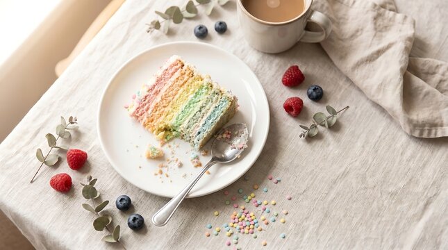 Flat lay rainbow cake slice with berries
