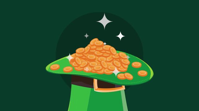 Animated pile of gold coins on leprechaun hat with sparkling effects and falling coins.