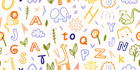 colorful alphabet pattern with animal illustrations and floral elements © Arif