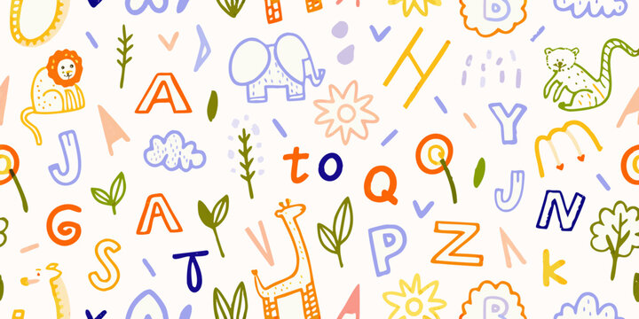 colorful alphabet pattern with animal illustrations and floral elements