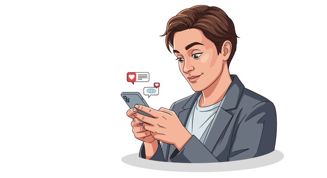 Young man in suit using smartphone, receiving social media notifications, likes and hearts.