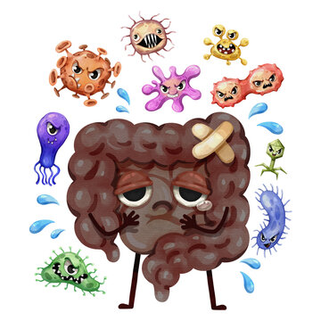 Watercolor hand-drawn illustration of unhealthy intestine character surrounded by various harmful bacteria and viruses. 