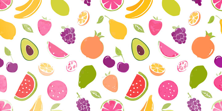 Colorful fruit pattern illustration with assorted tropical fruits