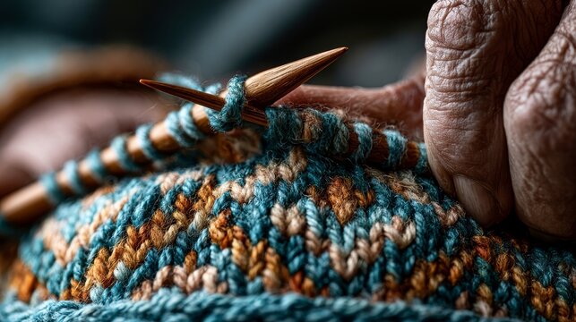 Close-up shot of hands knitting vibrant patterned sweater yarn