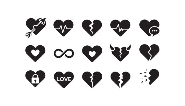 Set of fifteen love and relationship heart icons including broken hearts and romantic metaphors.