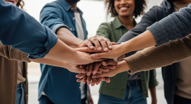 Diverse group of people stacking hands together in a symbol of teamwork and unity