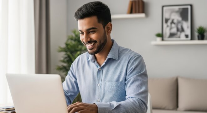 Smiling Indian businessman working on a laptop in an office setting, conveying productivity and success