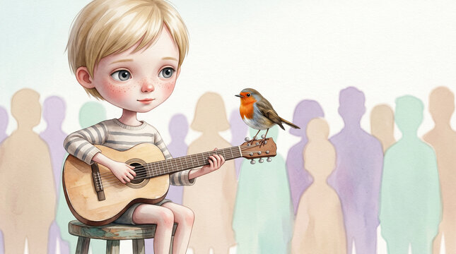 Child playing guitar with a bird in front of a shadowy crowd  