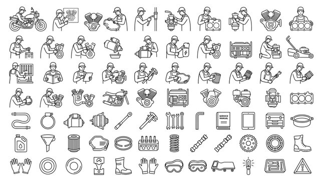 Black outline mining icon set with miners, carts, rocks, tools, helmets, machinery and industrial excavation symbols on white background