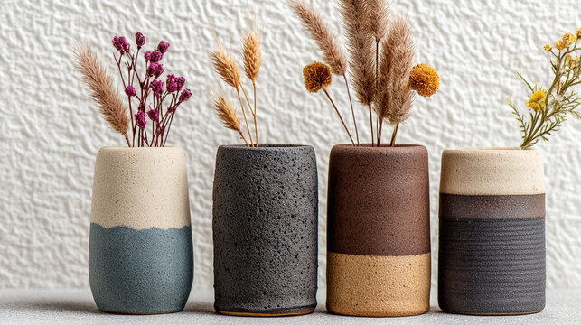 Set of four handmade textured ceramic pots with small dried floral arrangements, handmade