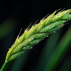 Fototapeta premium Close-up of a dewy green plant with water droplets, showcasing nature's beauty and freshness.