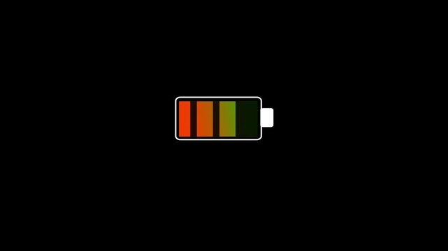 Colorful battery charging icon showing power level on a dark background. Digital energy symbol with red, orange, yellow, and green gradient bars representing high battery status.