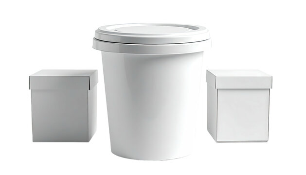 White round pail with lid and two small square boxes on plain background