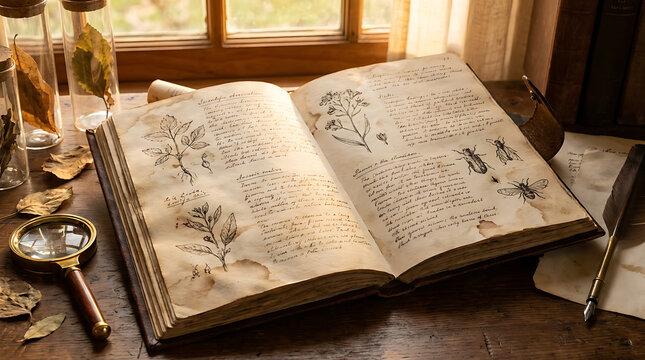 Ancient botanical manuscript open on rustic desk. Detailed plant illustrations, historical texts. Magnifying glass, quill, and herbal vials evoke natural science