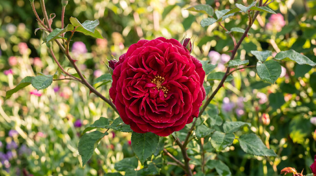 Beautiful Deep Red English Rose Blooming in a Sunlit Summer Garden