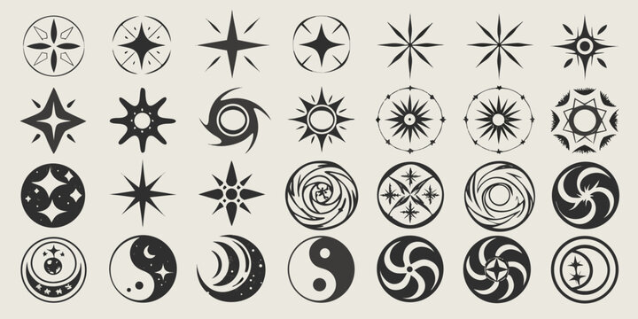 abstract cosmic symbols collection black and white vector illustration