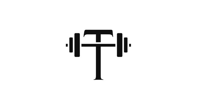 Monogram T Fitness Logo with Dumbbell Barbell, Gym Strength Training Icon