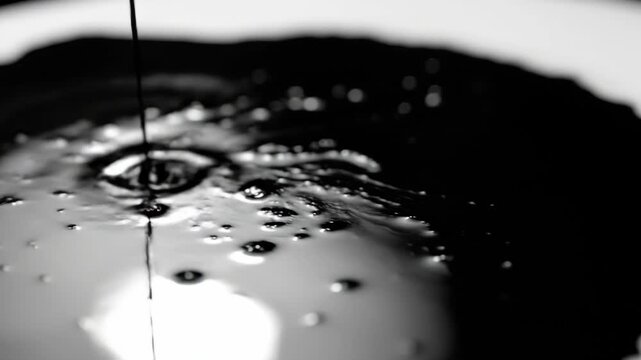 Dark Liquid Pouring into a White Surface Creating Ripples and Bubbles in a Close-Up Shot.