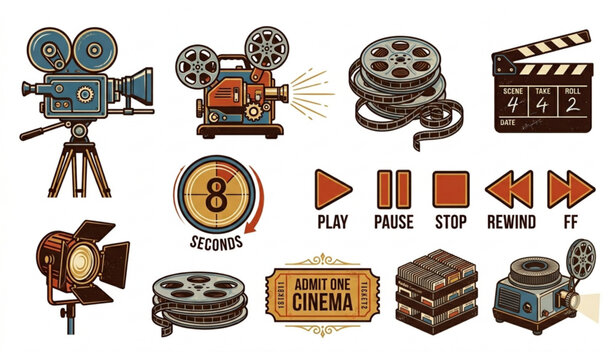 Movie shooting icon set film camera projector video slideshow cinema vector illustration isolated