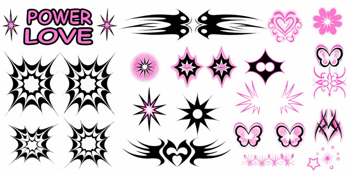 tattoo flash sheet with y2k inspired designs black and pink