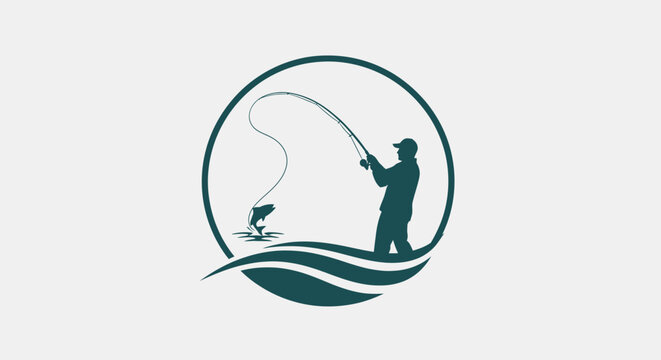 Fisherman silhouette catching jumping fish in circular wave emblem, outdoor hobby