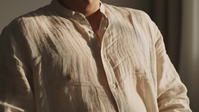 Person wearing linen shirt bathed in warm natural light