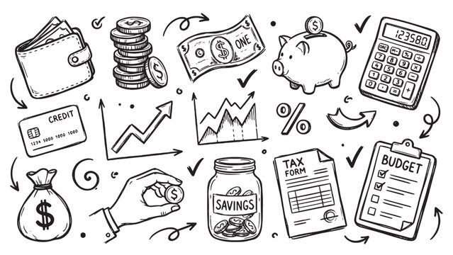Personal finance budgeting and savings hand drawn doodle set with tax income investment tracking and money management for design