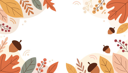 Fototapeta premium Autumnal Leaves and Berries Border with Acorns Frame for Seasonal Design