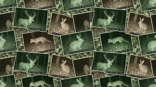 Trail Camera Collage: A dynamic collage showcasing candid snapshots captured by trail cameras, featuring various wild animals like deer, rabbits, and foxes in their natural forest habitat.